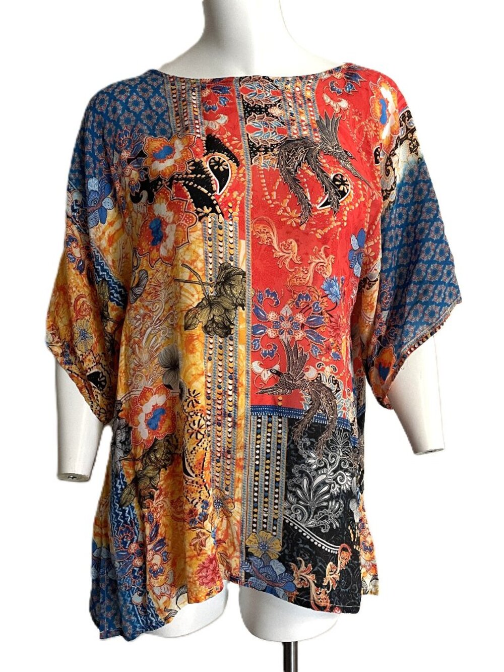 Shana Top Small 100% Silk Viscose Patchwork Mix Birds Boho Artsy Popover Blouse
